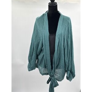 Jupee Teal Green Textured Gauze Tie Front Cardigan Top XL Made in USA Boho